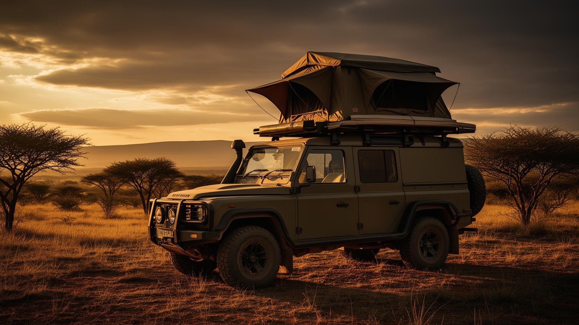 Overland 4x4 with hard-shell rooftop tent at golden hour in the South African bushveld